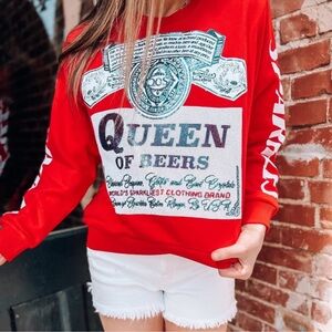 Queen Of Sparkles Womens Crewneck Red Graphic Sweatshirt Queen Of Beer Sz Xs